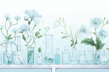 Laboratory glass equipment with plants and blue flowers, the concept of phytotherapy