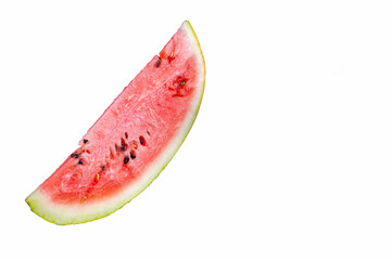 Watermelon slice isolated on white background. A piece of juicy watermelon on a white background. Ripe, juicy, full of vitamins watermelon
