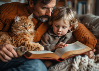 A heartwarming scene unfolds as a father and child read a book together, accompanied by their orange cat. This intimate moment captures the joy of shared stories and the warmth of family bonding.