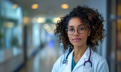A confident black woman doctor stands in a hospital corridor, adorned with a stethoscope and glasses. Her poised demeanor exudes professionalism and dedication, symbolizing expertise.