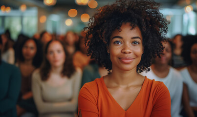 A confident black woman with curly hair stands proudly at the forefront of a lively crowd, sporting an orange top. Her empowering presence shines as she leads with charisma and determination, inspirin - obrazy, fototapety, plakaty