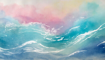 Abstract illustration of watercolor sea waves. Soft pastel pink and blue colors. - obrazy, fototapety, plakaty