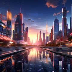 Fototapeta na wymiar A futuristic cityscape at sunset with floating holograms