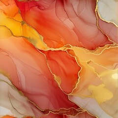 Marble Alcohol Ink. Seamless pattern Marble Texture. Colored Marble Watercolor with Gold line. Gold Abstract Background. Orange Elegant Marble. Luxury Seamless Template.