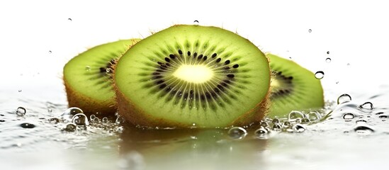 Slices of fresh kiwi fruit added with a splash of water are tempting on a white background