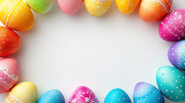 Easter wallpaper with colorful easter eggs  on a white background with copy space