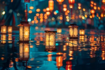 A tranquil night scene during the Spring Equinox in China, featuring lantern-lit streets and serene...