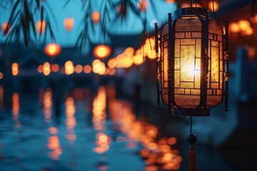 A tranquil night scene during the Spring Equinox in China, featuring lantern-lit streets and serene...