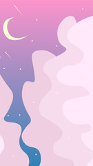 Trendy Abstract Phone Wallpaper Instagram Stories Fantasy Cute Kawaii Landscape Moon Stars Falling Purple Pink Vector Design