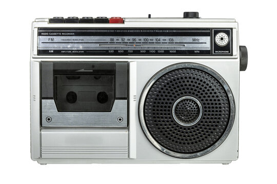 Vintage radio cassette recorder isolated on white