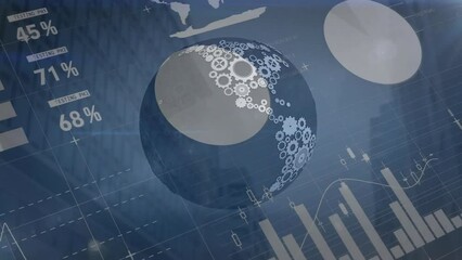 Animation of financial data processing and globe with cogs over cityscape - Powered by Adobe
