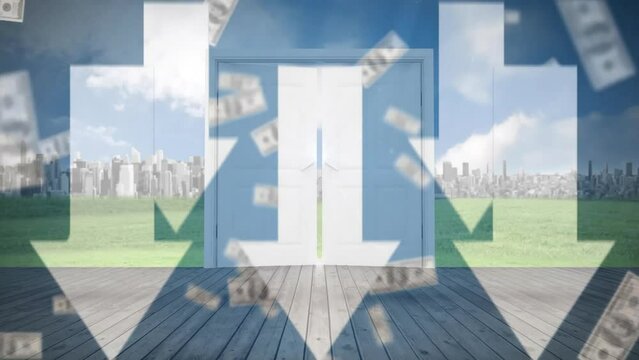 Animation of dollar bills and arrows over door and copy space