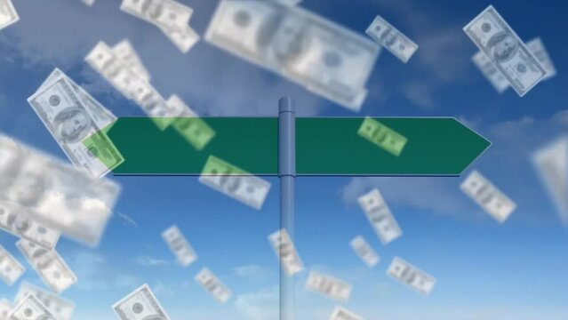 Animation of dollar bills over road sign with copy space and sky with clouds