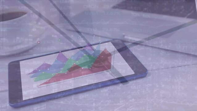 Animation of moving clock and financial data processing over tablet on desk