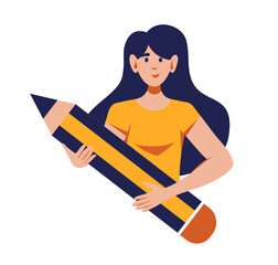 Woman with huge pencil in her hands. Flat style vector illustration. Education, knowledge, studying concept.