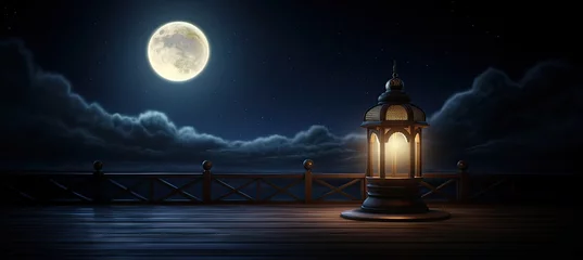Foto op Canvas Ramadan Kareem celebration background illustration with arabic lanterns and moon on night sky © Tikka MS
