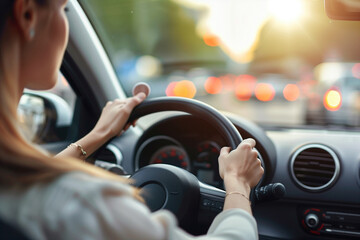 Young woman driving car with hands on steering wheel