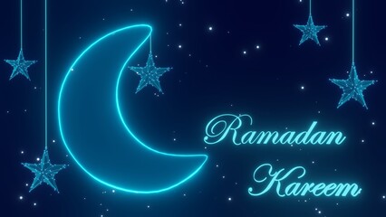 Obraz na płótnie Canvas Ramadan Kareem Islamic background with crescent moon and hanging neon stars and glowing particles. Ramadan, Mubarak, iftar, Islamic , religion, muslim, fasting,..