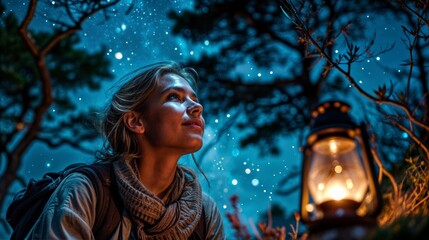 Woman looking at the starry sky with a lantern in the foreground