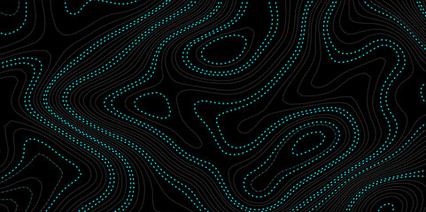 Wave topographic contour map, topographic wavy map line background. Abstract geographic wave grid line map. Geographic mountain relief background. Vector illustration. - obrazy, fototapety, plakaty