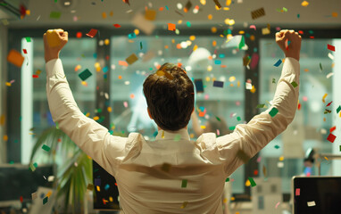 the man rejoices and celebrates success. Confetti from firecrackers is falling all around.