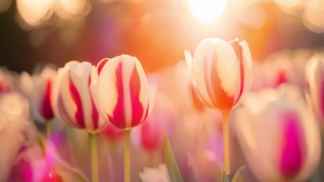 Pink tulips bloom vibrantly in a springtime garden