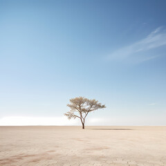 A minimalist shot of a single tree in a vast desert
