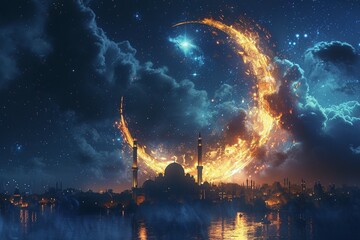 Night scene with glowing Islamic crescent adds mystical ambiance