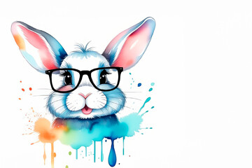 Easter greeting card. Close up portrait of cute rabbit with watercolor splash background. Bunny wearing glasses. Watercolor hand drawn style. Place for text, empty space