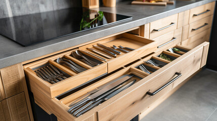 Modern kitchen: Open drawers, Set of cutlery - obrazy, fototapety, plakaty
