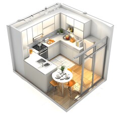 Kitchen room in 3d isometric design on white background. Small building architecture concept.