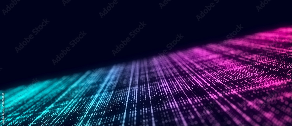 Aufkleber Futuristic blue dots background. Abstract glitch background. Corrupted binary code. Technology of many glowing particles. Artificial intelligence. Big data visualization. 3d rendering.