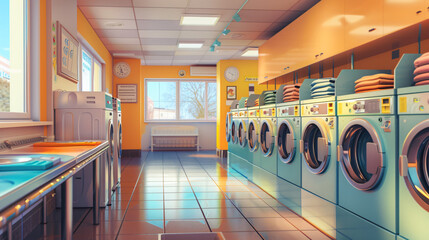 Modern Laundromat Interior with Row of Washing