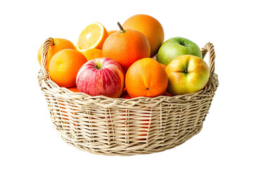 Assorted oranges and apples in wicker basket isolated white background PNG