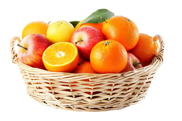 Assorted oranges and apples in wicker basket isolated white background PNG