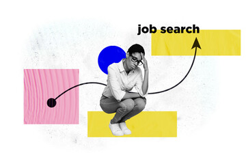 Composite graphics collage image of upset hopeless american girl job search vacancy cv unemployment crisis isolated on white color background