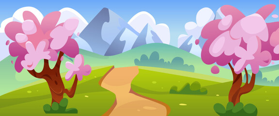 Obraz na płótnie Canvas Spring Landscape with Pink Flowering Trees, Mountain Valley and Path. Vector Cartoon Illustration of Green Field with Rocky Cliffs, White Clouds in Sunny Blue Sky. Panoramic Beautiful Scenery. 