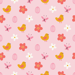 Easter seamless pattern with chicken, flowers, eggs, butterflies. Vector illustration