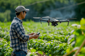 Fototapeta premium Farmer in the field using drone. Neural network generated in January 2024. Not based on any actual scene or pattern.