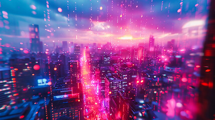 Futuristic Cityscape at Night, Glowing Skyscrapers with High-Tech Network Connections
