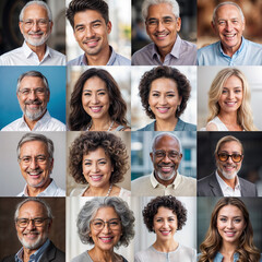 Many happy multi ethnic young and old people group headshots in collage mosaic collection multicultural faces smiling at camera - obrazy, fototapety, plakaty
