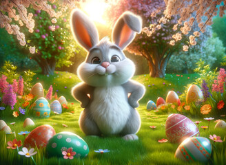 Cheerful Easter Bunny Enjoying Bright Spring Day. cute Easter bunny sits among painted eggs and blooming flowers on sunny day. Easter egg hunt