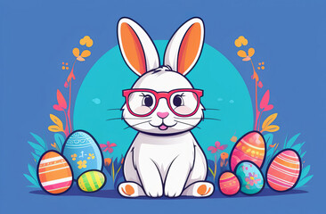 Easter greeting card. Cute rabbit and colored easter eggs on blue background. Bunny wearing glasses. Watercolor hand drawn style