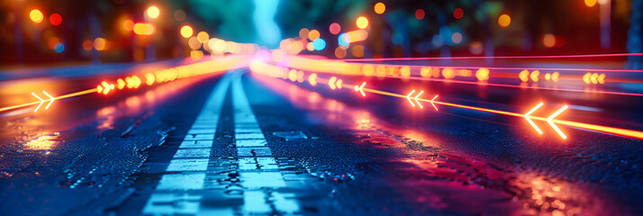 Rainy Night Road, Glowing Street Lights with Reflections on Wet Asphalt - obrazy, fototapety, plakaty