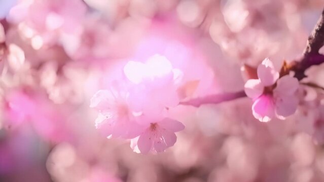 Soft pink cherry blossoms gently open on a tree branch
