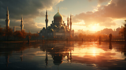 Mosque in Moscow Seen During Sunny Sunset.