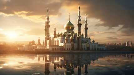 Mosque in Moscow Seen During Sunny Sunset. - obrazy, fototapety, plakaty