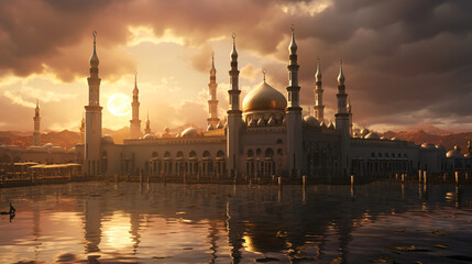 Mosque in Moscow Seen During Sunny Sunset. - obrazy, fototapety, plakaty