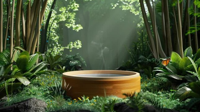 Wooden Podium Amidst Tropical Greenery seamless looping time-lapse virtual 4k video animation background.