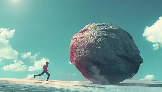 Person fearfully being chased by a gigantic debt boulder - symbolizing the terrifying chase of overwhelming debt in personal finances."